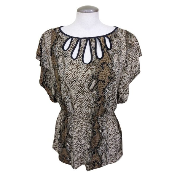 Womens Medium Blouse Flutter Sleeve Smocked Waist Snake Print Brown Cutouts - Picture 2 of 10